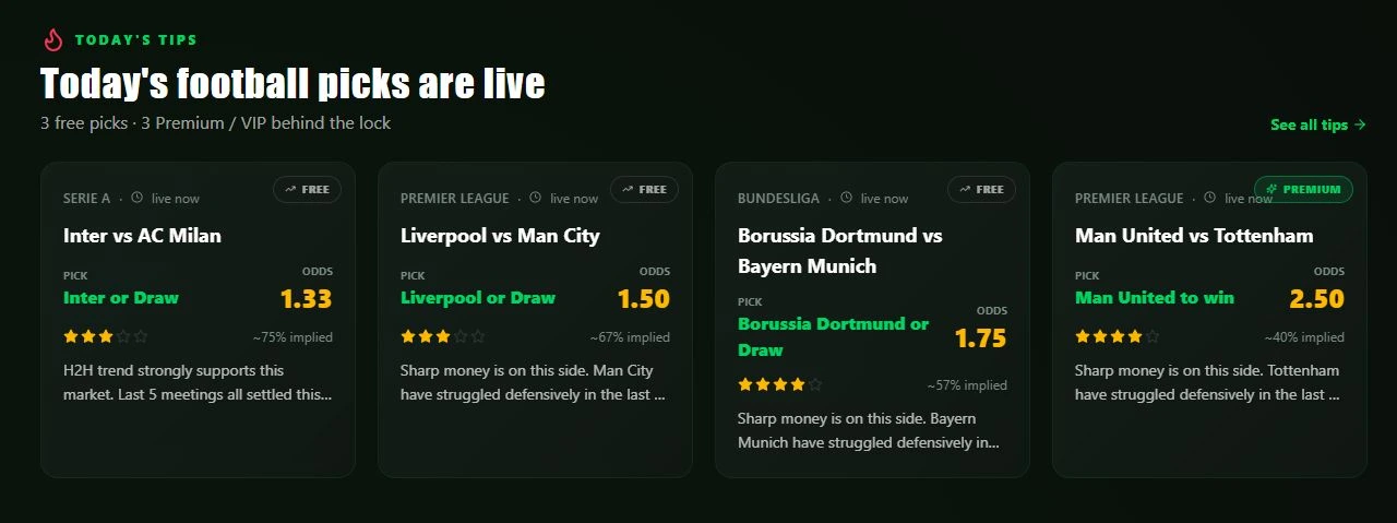 The real 1xWin football picks interface with Free and Premium content