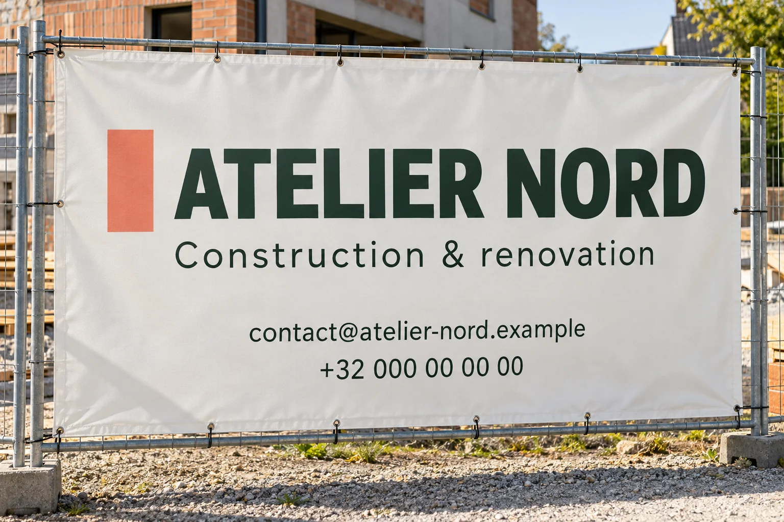 Fictional Atelier Nord construction banner with sample contact details